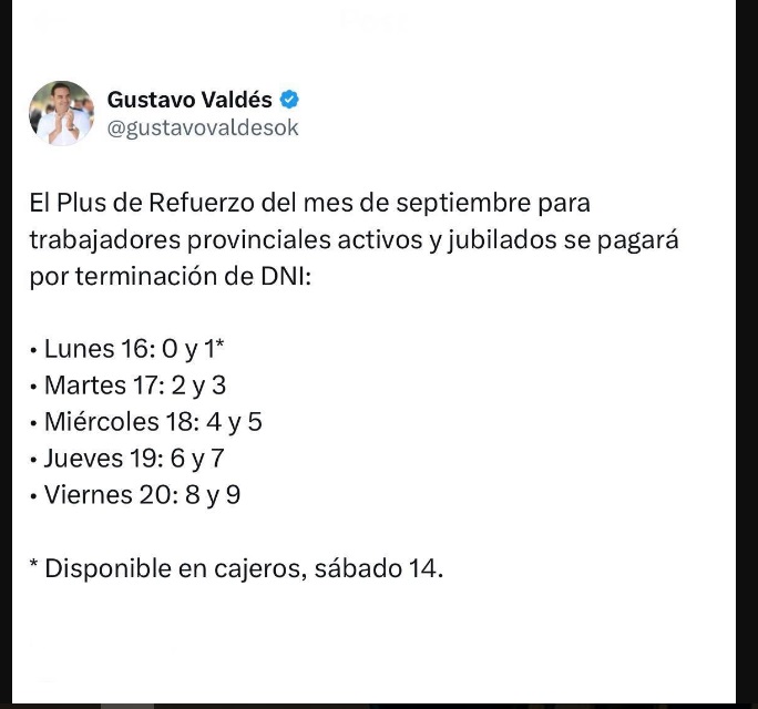 Plus de Refuerzo: Valdés anunció cronograma de pago de septiembre y Provincia vuelca otros $4.400 millones