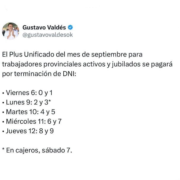 Plus Unificado: Valdés anuncia días de pagos del adicional de septiembre