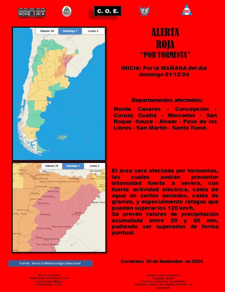 El Comando Operativo de Emergencias informa alertas roja y naranja para toda la provincia, durante este domingo