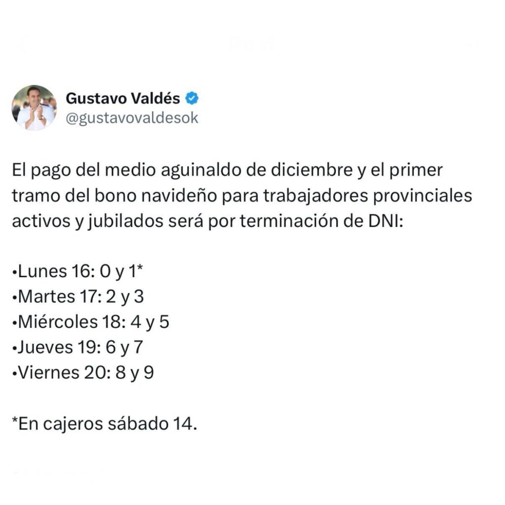 Valdés anunció pago de aguinaldo y Bono Fiestas de Fin de Año a partir del lunes 16