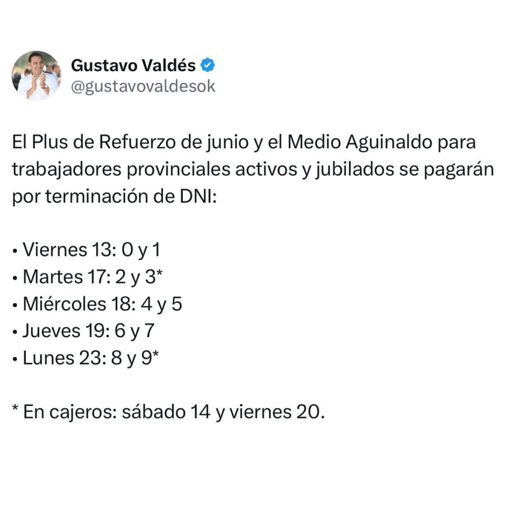 Valdés confirmó pago en simultáneo de medio aguinaldo y Plus de Refuerzo de junio