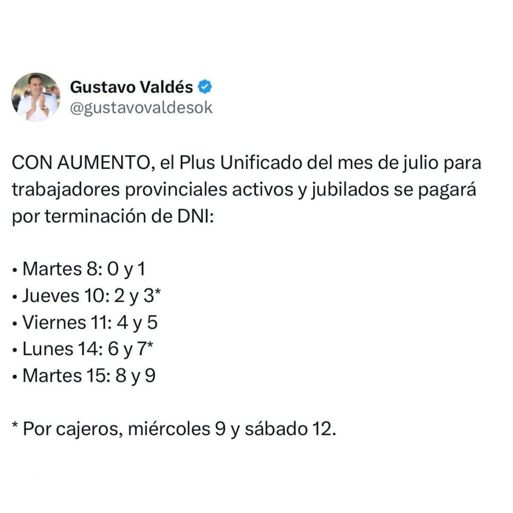 Valdés anunció el cronograma de pago del Plus Unificado con aumento