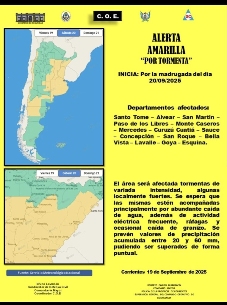 El COE emitió una alerta amarilla por tormentas en la provincia