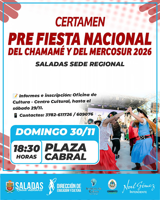 Saladas será sede regional del Certamen Pre Fiesta Nacional del Chamamé y del Mercosur 2026