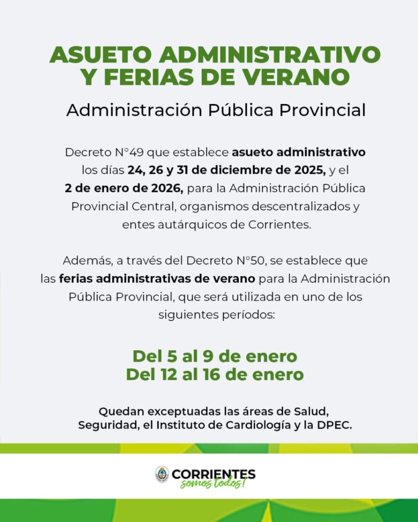 El gobernador Valdés decretó los asuetos de fin de año y las ferias de verano para la administración provincial