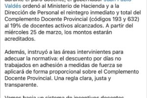 Reintegro inmediato del Complemento Docente Provincial y adecuación normativa para descuentos proporcionales