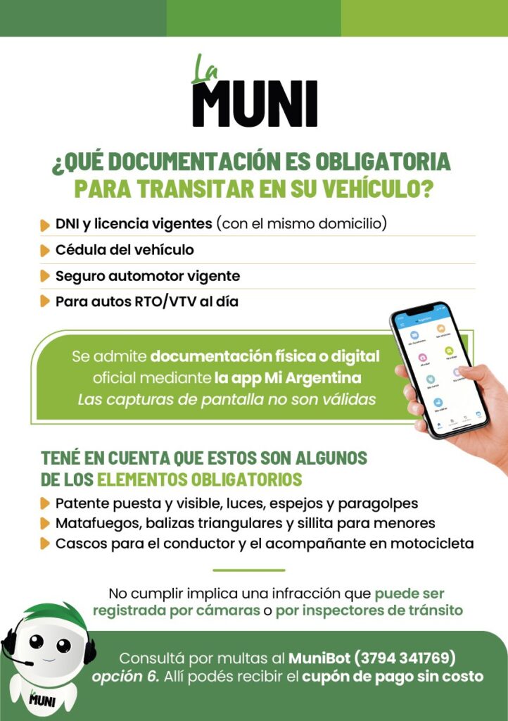 Qué documentación y elementos son obligatorios para circular en vehículos por la ciudad de Corrientes.